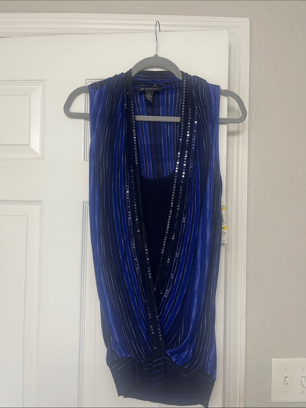 INC International Concepts Blue Sequined Draped Sleeveless Top